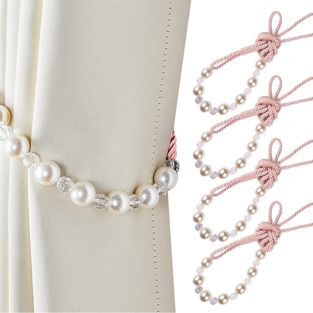 4Pcs Curtain Tiebacks Rope, Beaded Pearl Curtain Tie-Backs Decorative Holdbacks